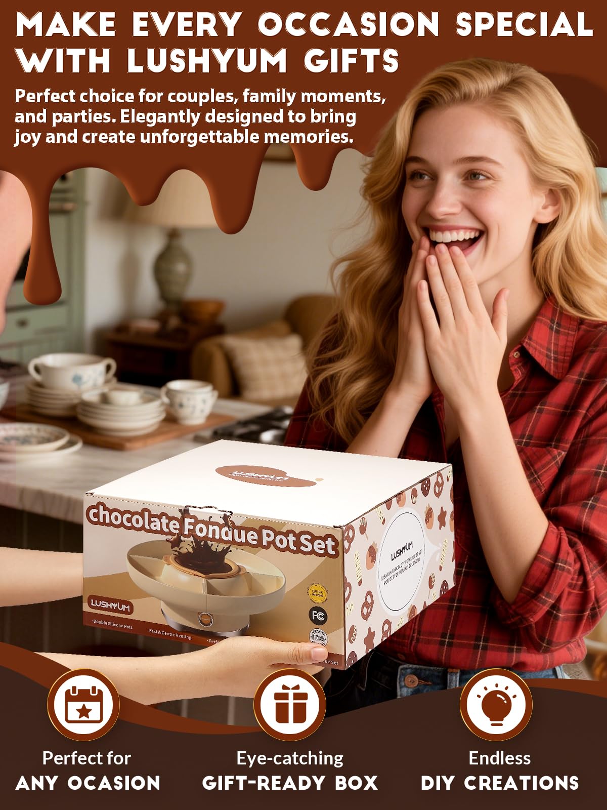 LUSHYUM 4-cup fondue set supports festive dessert spreads.