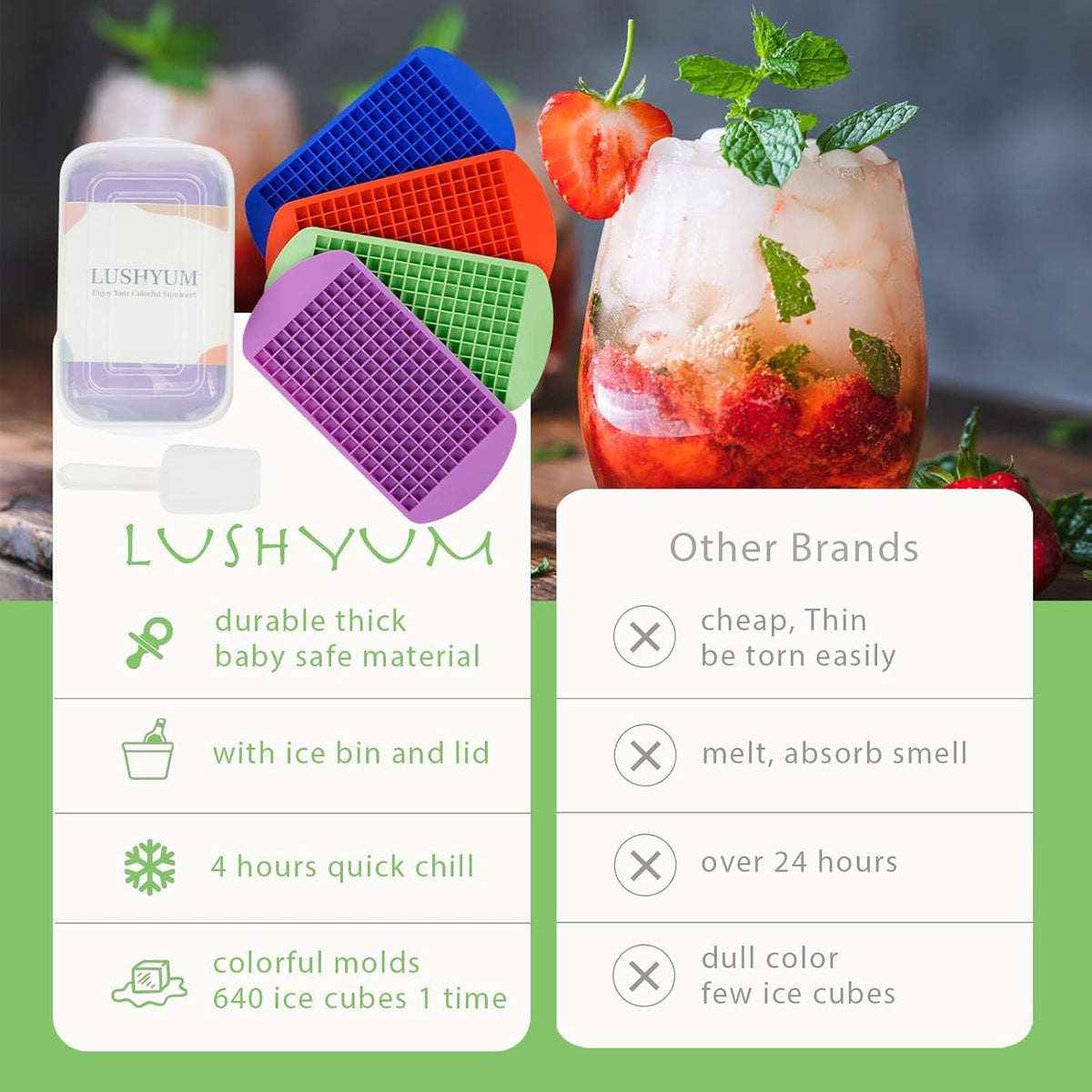 LUSHYUM dishwasher-safe ice tray simplifies cleaning and reuse.