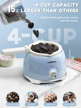 LUSHYUM four-cup capacity melter ideal for large batches of cake pops and fondue.