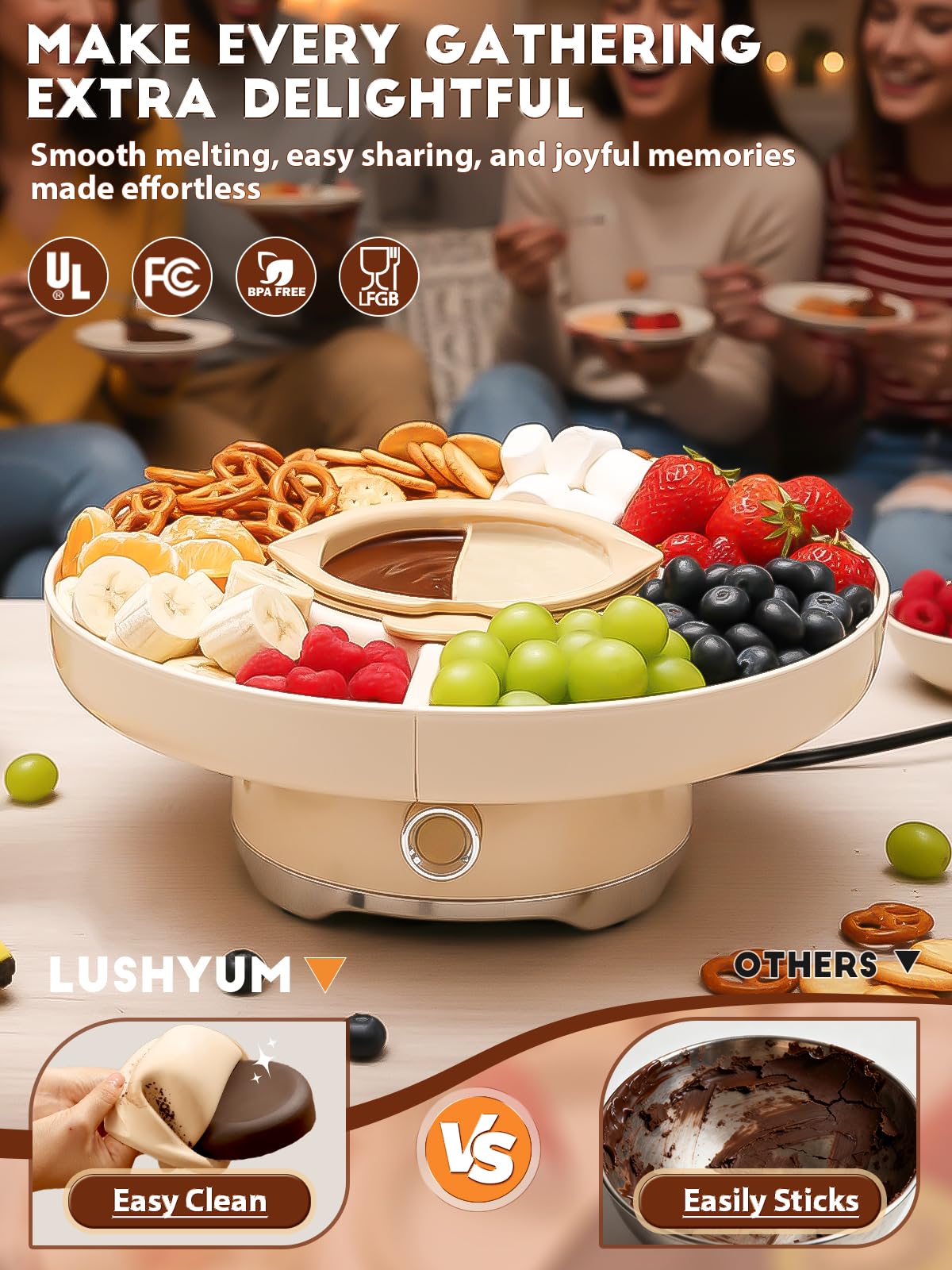 LUSHYUM set includes color-coded forks and spatula for easy dipping.