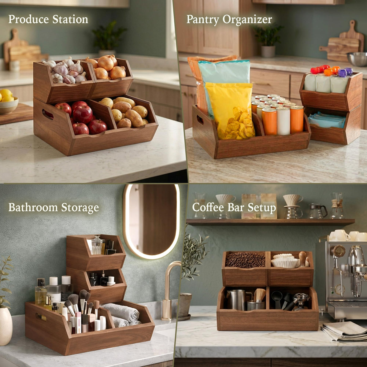 LUSHZLUMBERA stackable set demonstrates clutter-reducing storage on countertops or inside cabinets.