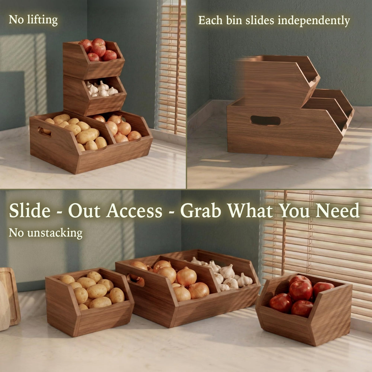LUSHZLUMBERA easy-grip handles facilitate lifting and rearranging on shelves.