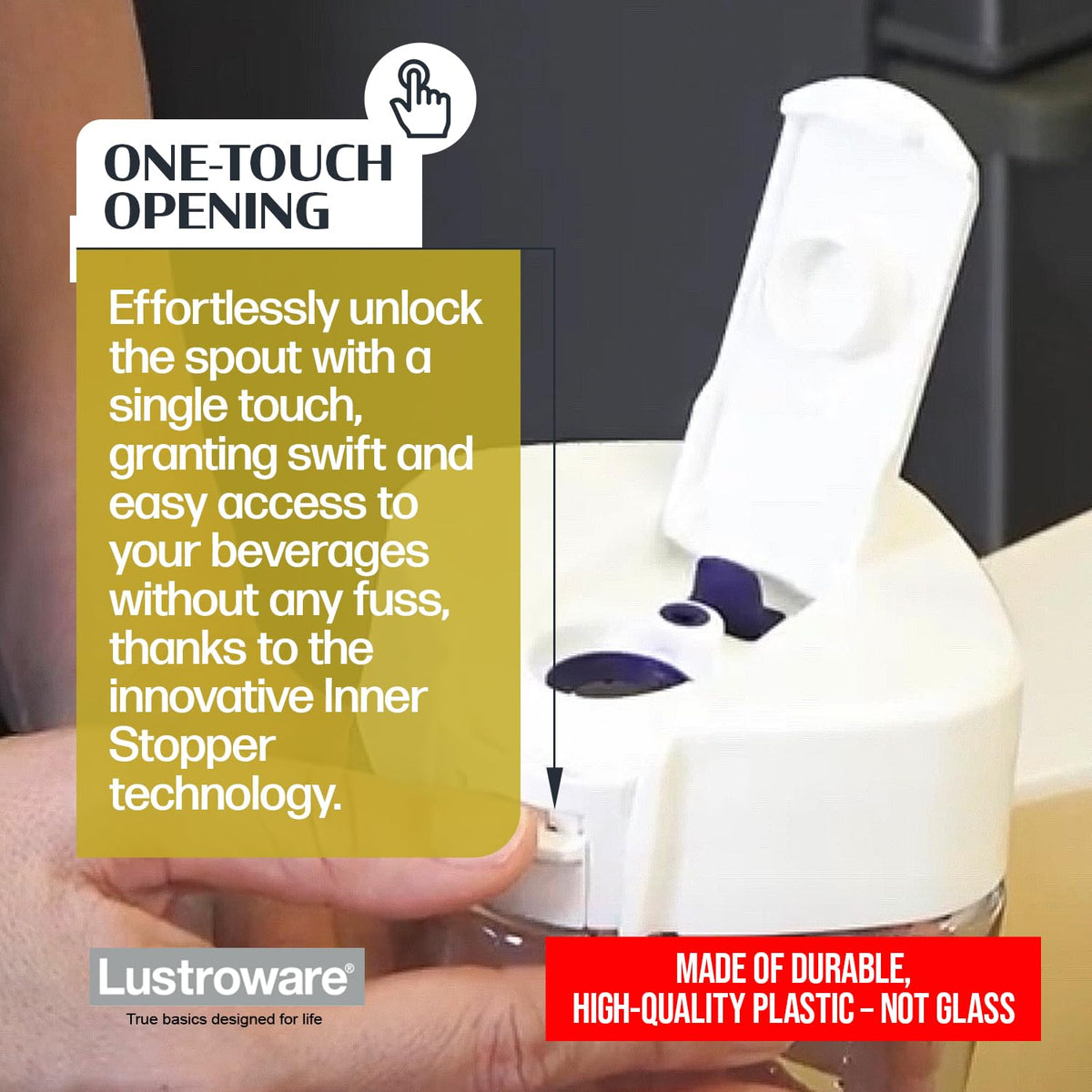 Lustroware QuickFlip Slim Airtight Pitcher—space-saving form ideal for gym bags and travel.
