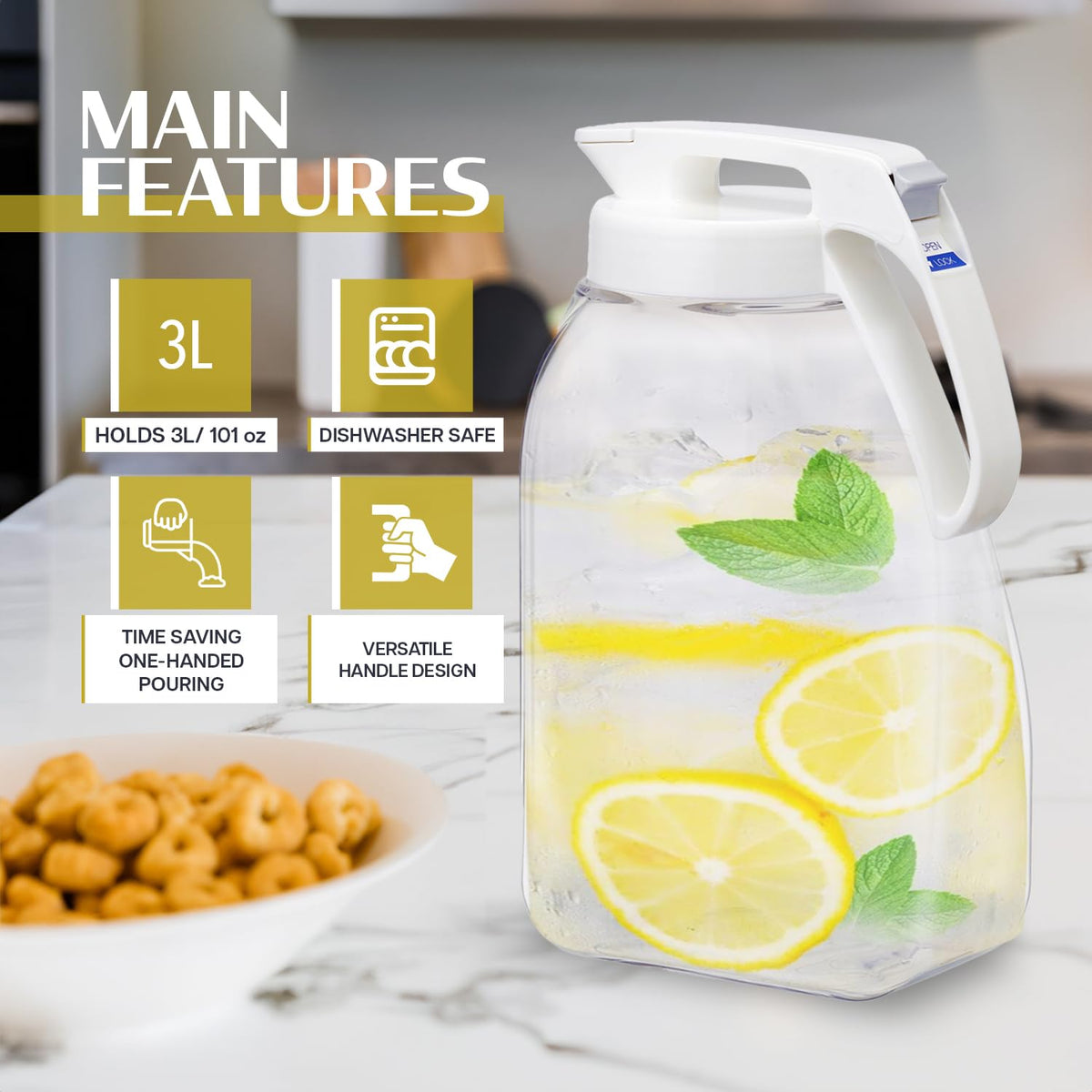 Lustroware QuickServe pitcher 3L capacity indicator highlighting large batch serving.