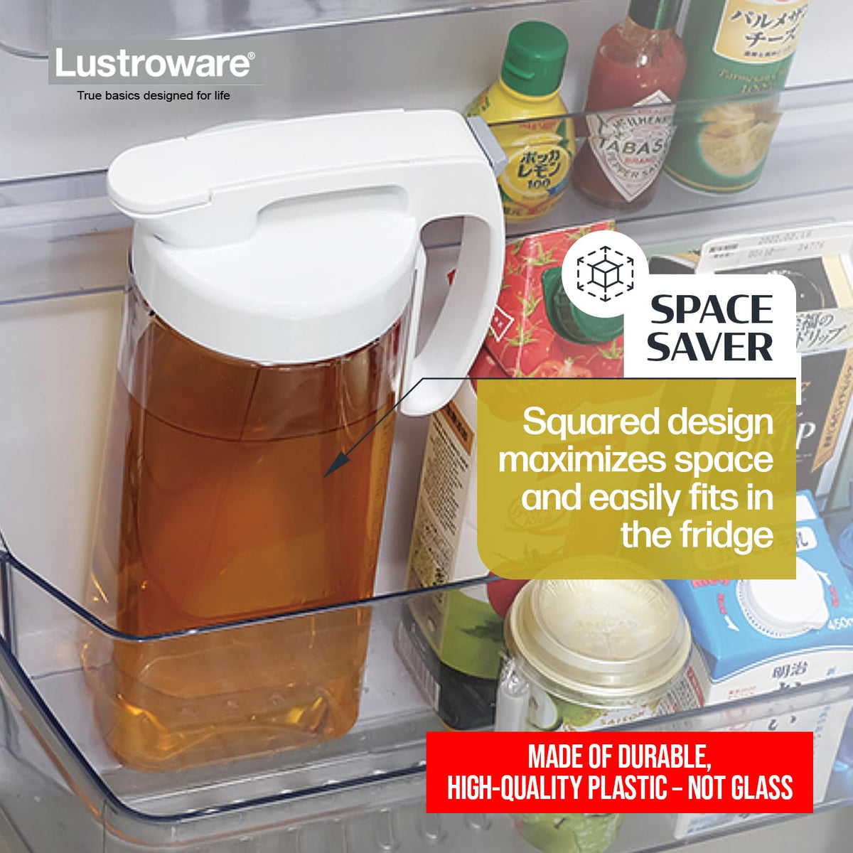 Lustroware QuickServe pitcher is dishwasher-safe for easy cleanup.