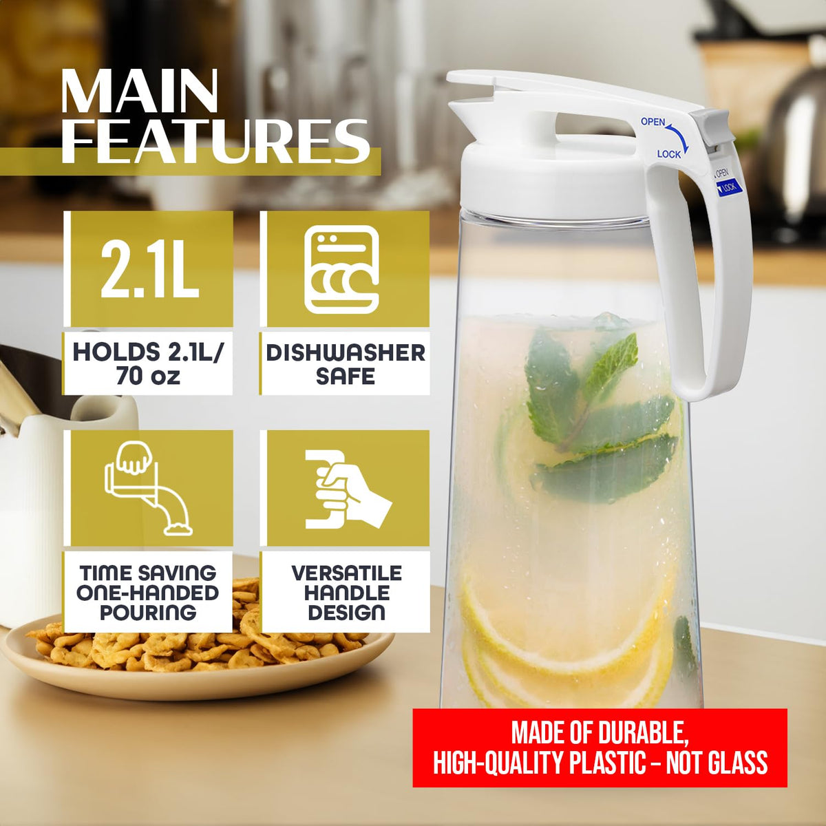 Lustroware QuickServe pitcher stored in a compact fridge setup.