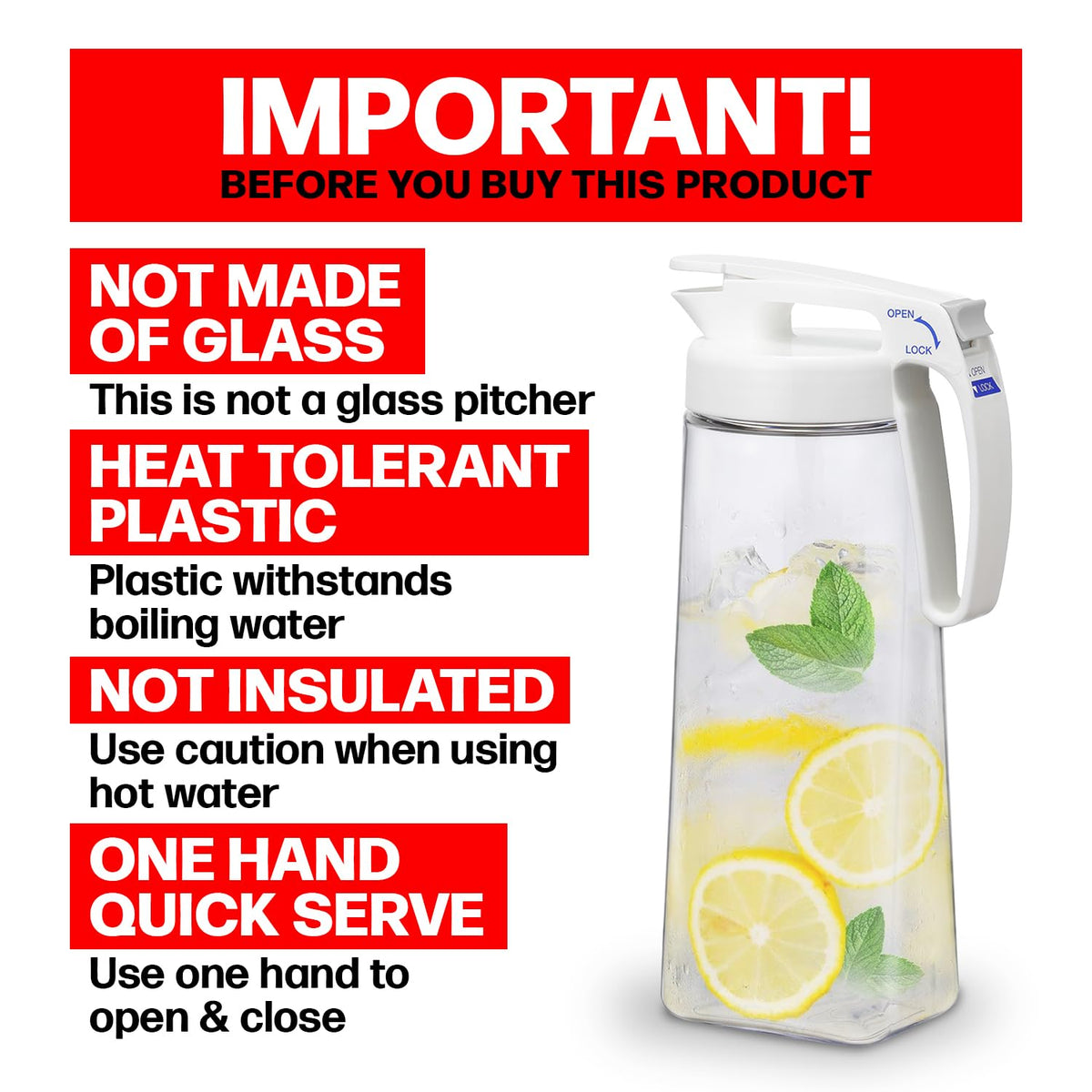 Lustroware QuickServe pitcher showing easy one-hand pour action for smooth serving.