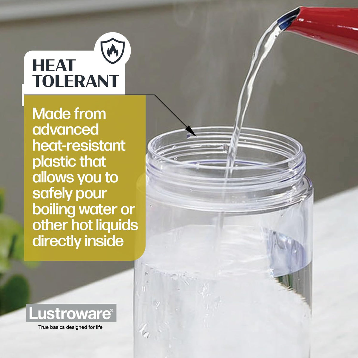Lustroware QuickServe pitcher spout detail showing leak-proof seal for mess-free pouring.