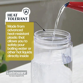 Lustroware QuickServe pitcher spout detail showing leak-proof seal for mess-free pouring.