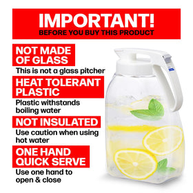 Lustroware QuickServe pitcher top-open view highlights easy one-handed operation.
