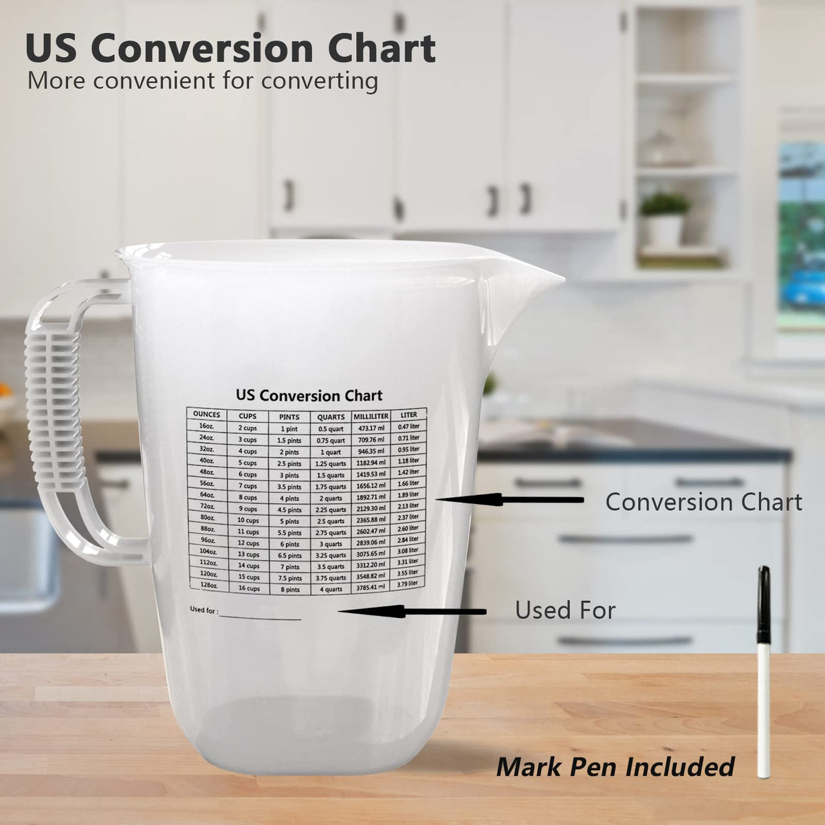 Luvan 134 oz capacity with clear, machine-engraved markings.