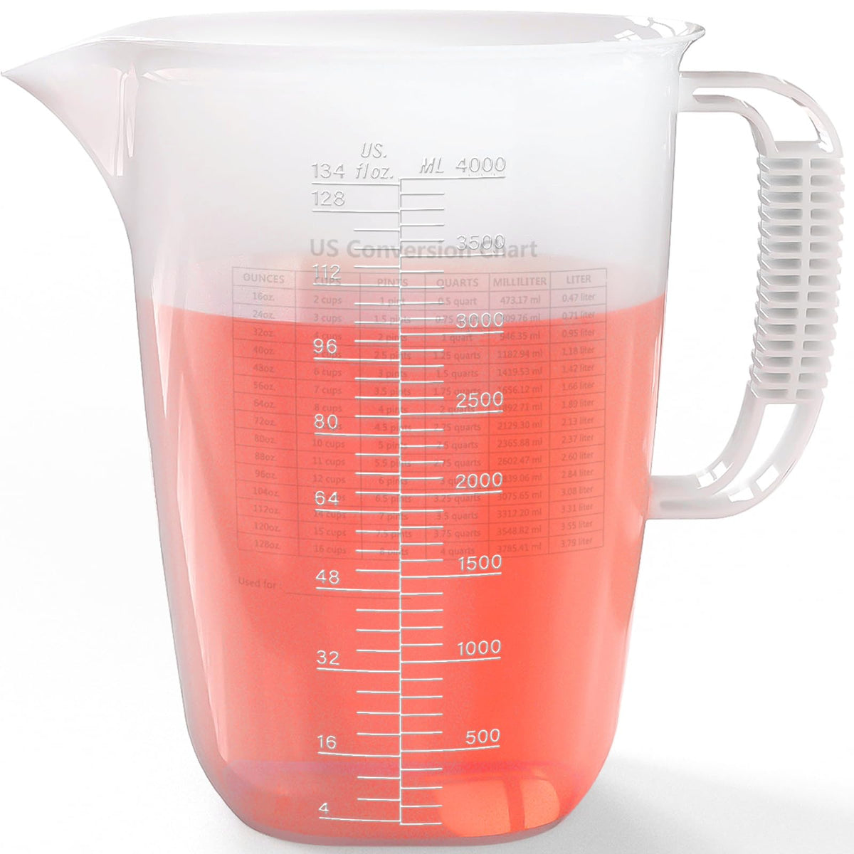 Luvan 1Gallon pitcher with pour spout for spill-free transfers.