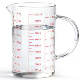 Luvan 34oz glass measuring cup front view shows large capacity for batch prep