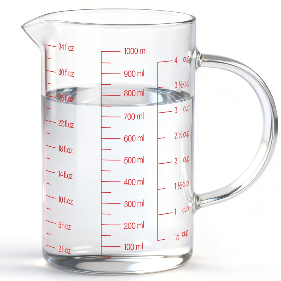Luvan 34oz glass measuring cup front view shows large capacity for batch prep