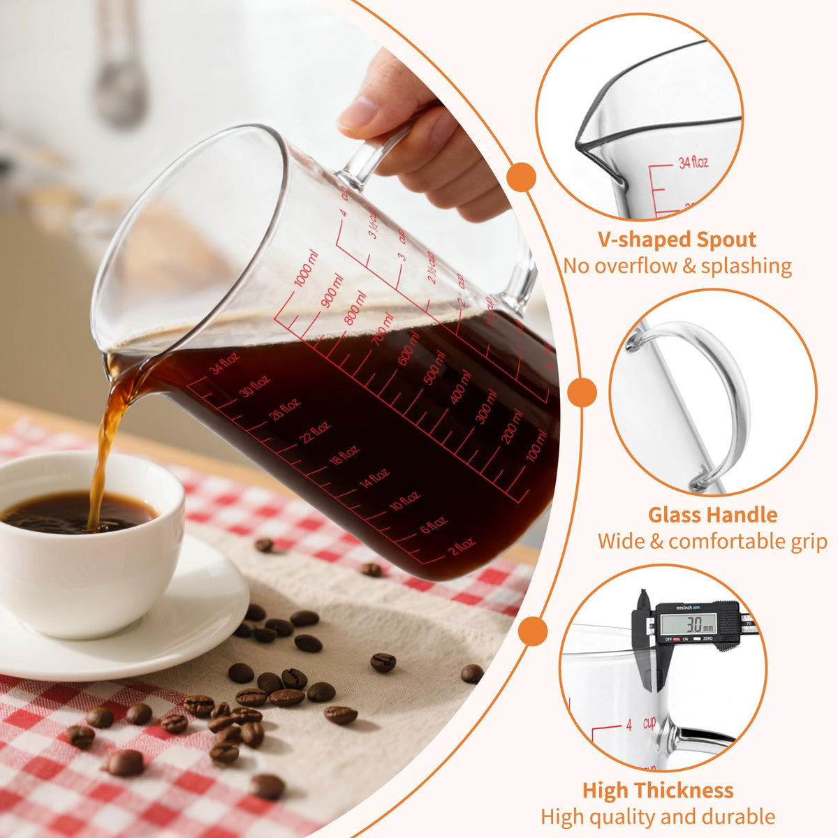 Luvan 34oz glass measuring cup scale-closeup displays clear Cup, Ml, Oz marks
