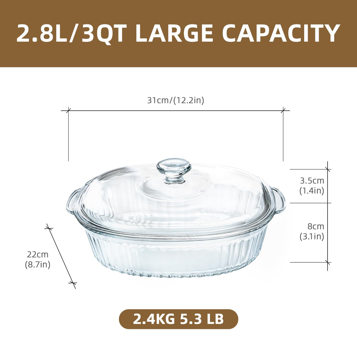 Luvan 3QT glass baking dish ready for oven and microwave prep