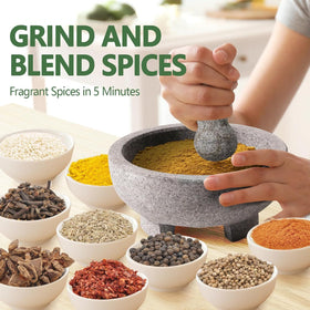 Luvan granite mortar with rough interior for efficient grinding and flavor release.