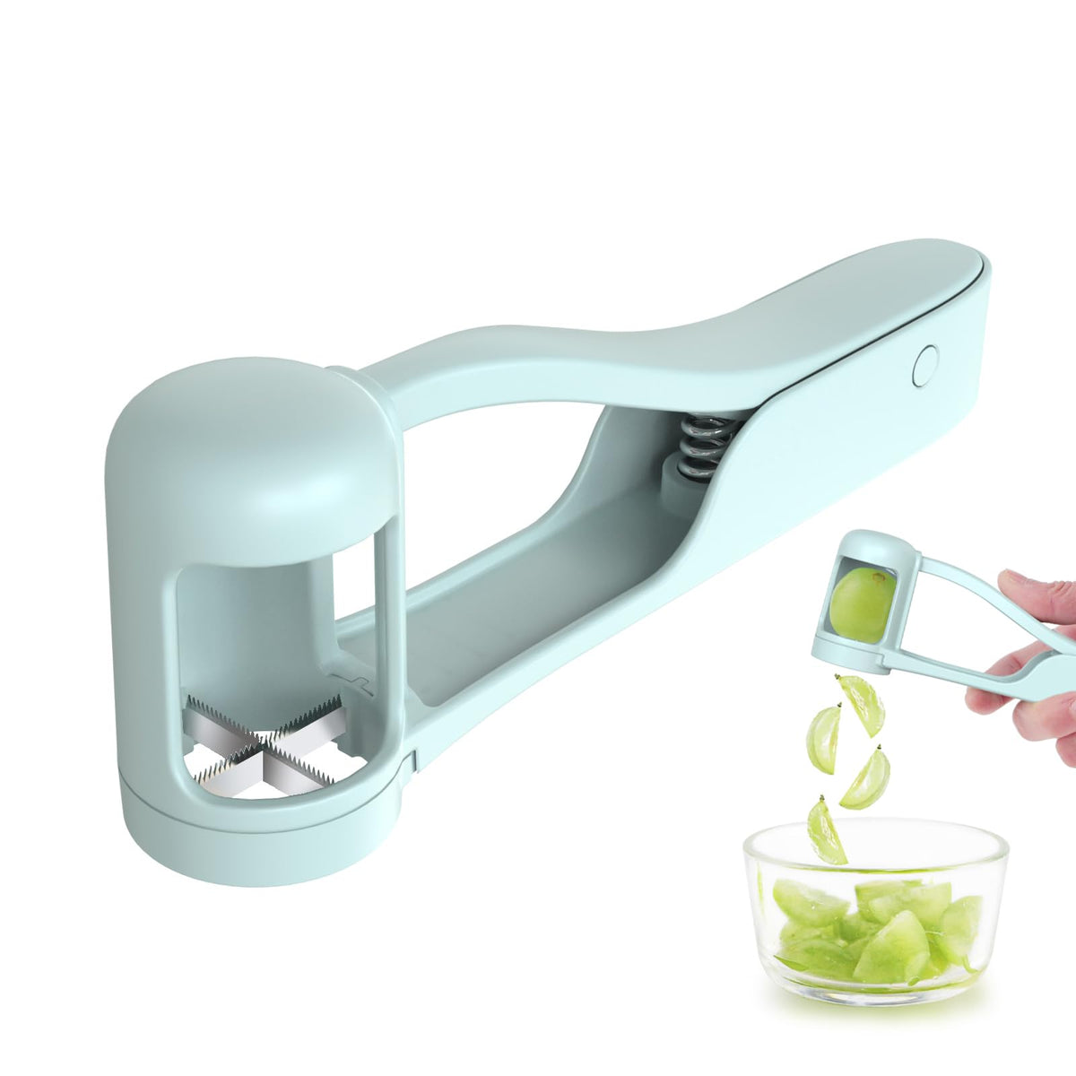 Luvan grape cutter demonstrates kid-friendly four-piece slicing for easy bite-sized snacks.