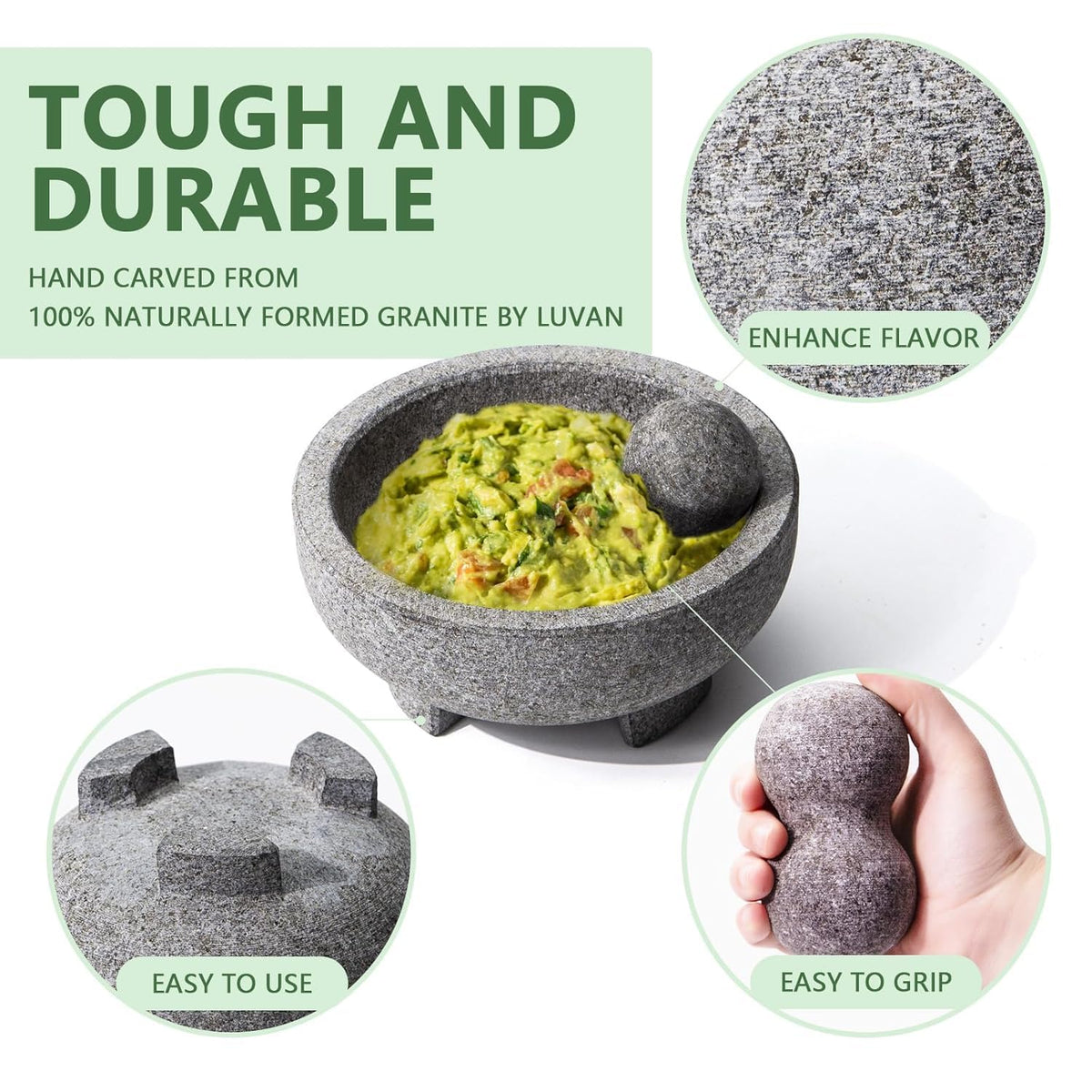 Luvan guacamole bowl setup shown for fresh, homemade sauces.
