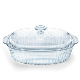 Luvan ribbed oval glass casserole with lid for even baking and service