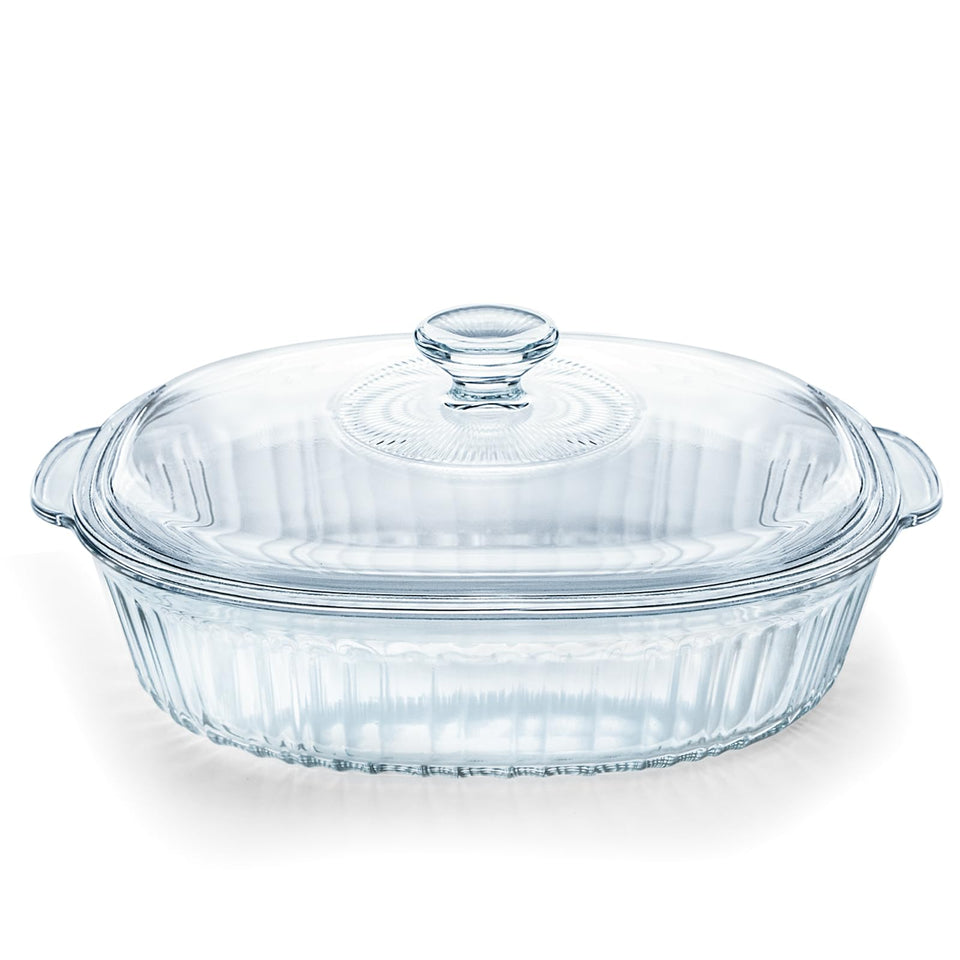 Luvan ribbed oval glass casserole with lid for even baking and service