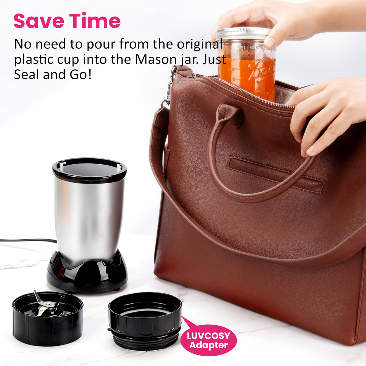LUVCOSY dishwasher-safe adapter for easy cleaning and glass-to-blender compatibility.
