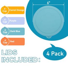 LUVCOSY four-pack silicone lids in vibrant colors for organization.