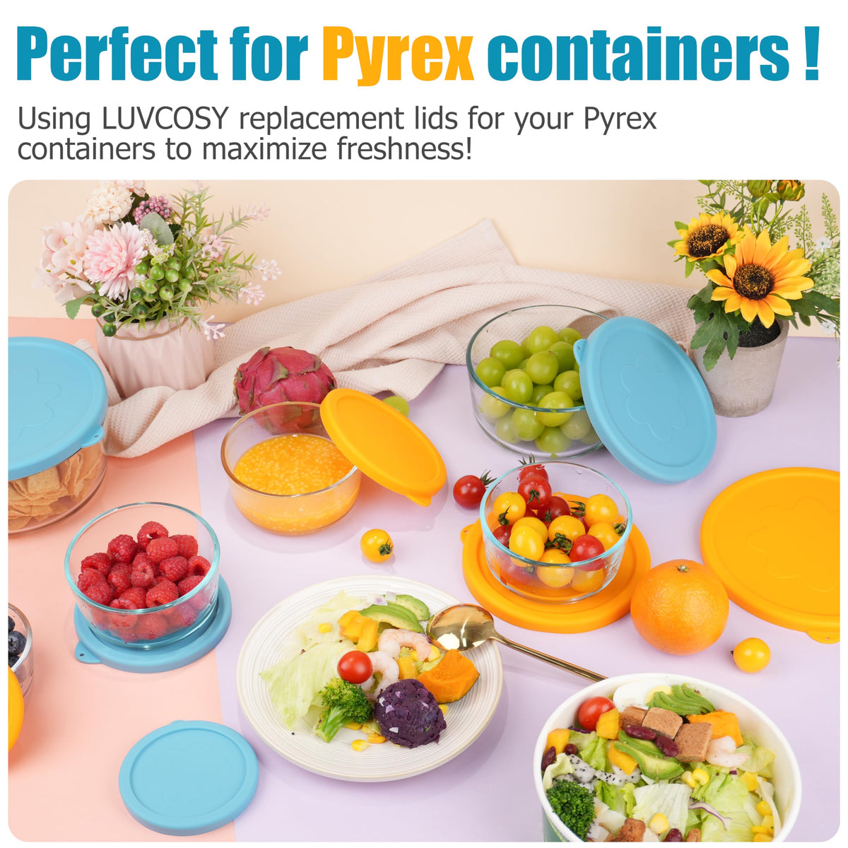 LUVCOSY lids withstand wide temperature range for freezer to microwave use.