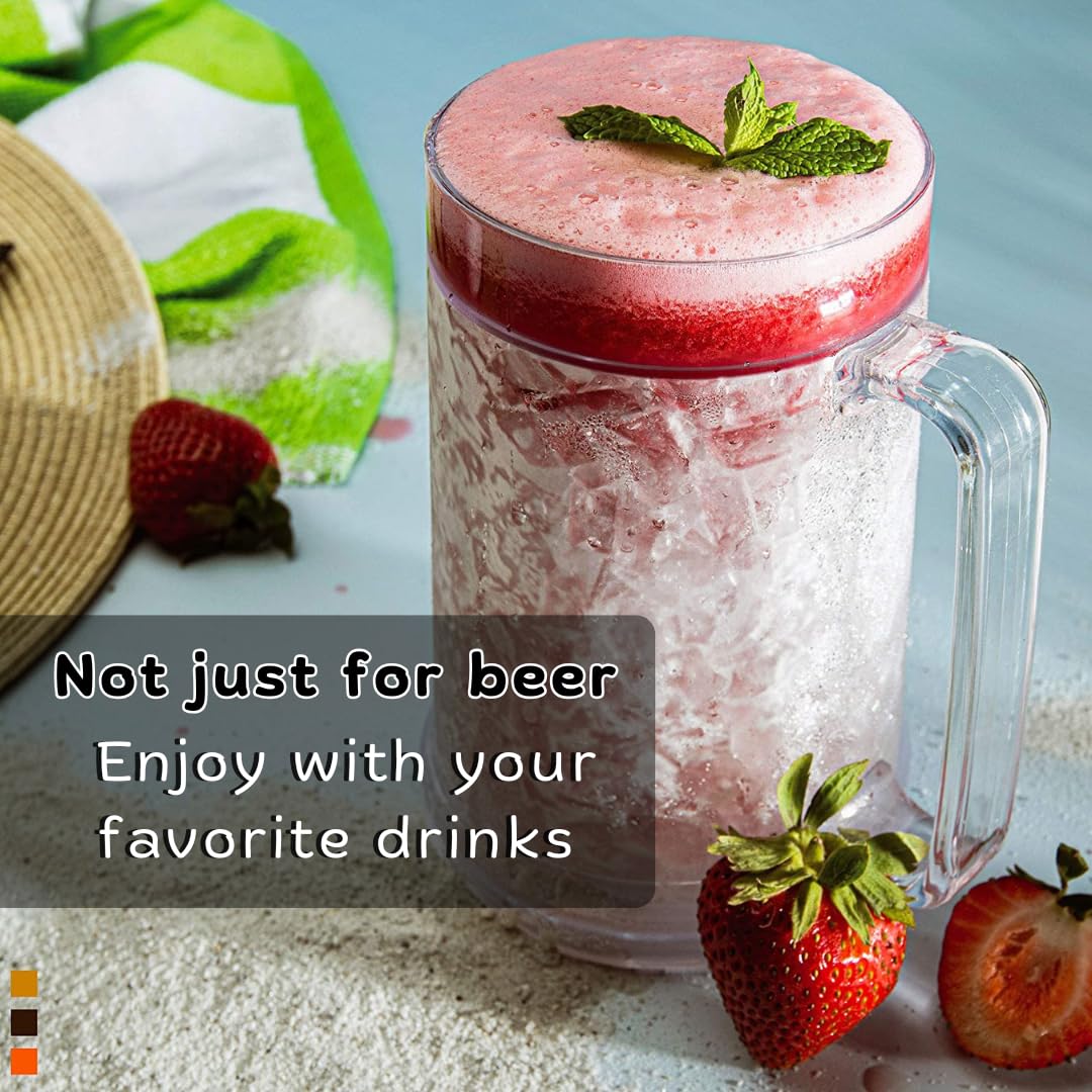 Luxail freezer mugs outdoors on a sunny patio with frosty beer