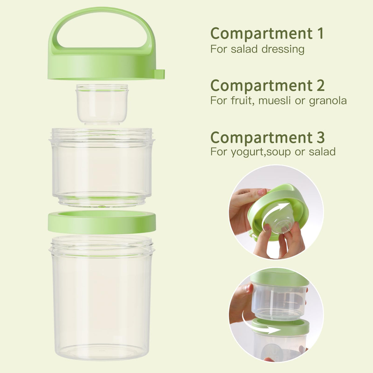 LUXEAR top-compartment holds nuts or granola to maintain crunch.