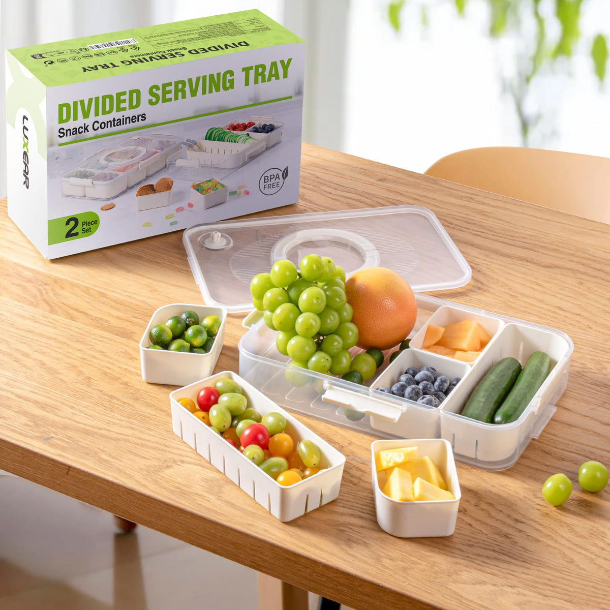 LUXEAR Snackle Box fridge storage layout helps keep fruits and snacks tidy.