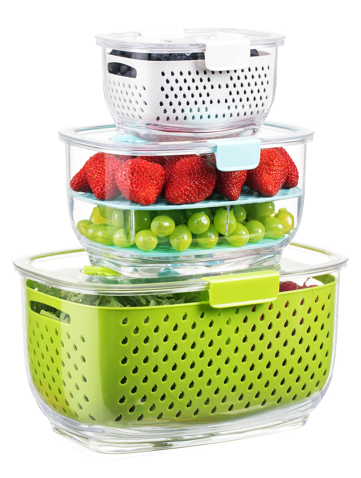 LUXEAR three-piece fridge storage set shown on a shelf for organized freshness
