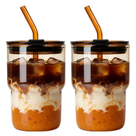 Luxfuel 16oz amber glass tumbler with lid and straw for convenient on-the-go sipping.