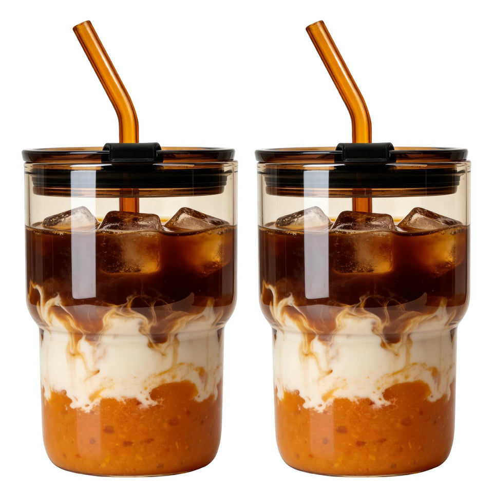 Luxfuel 16oz amber glass tumbler with lid and straw for convenient on-the-go sipping.