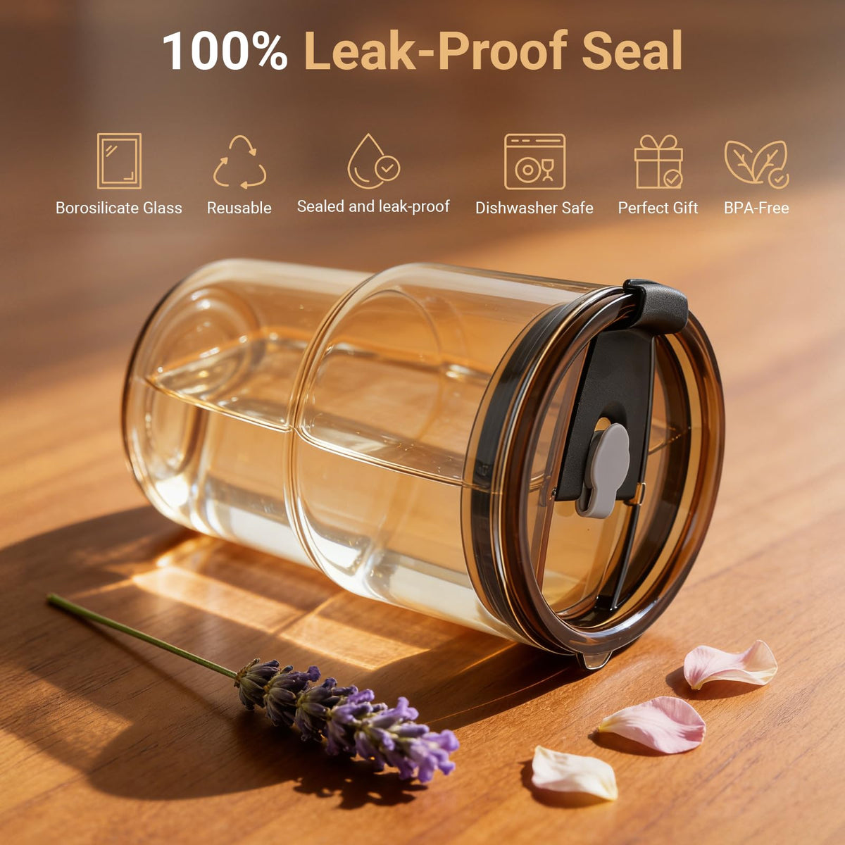 Luxfuel leak-proof lid close-up showing silicone press seal for spill-free coffee.