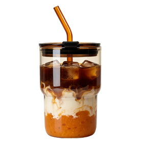 Luxfuel glass tumbler with amber lid for leak-free beverages