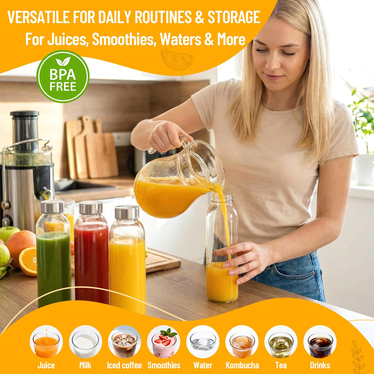 Luxfuel 18 oz glass bottle ideal for juice storage and travel.