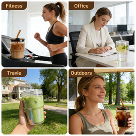 Luxfuel amber glass tumbler duo ready for coffee, tea, smoothies at home or on the go.