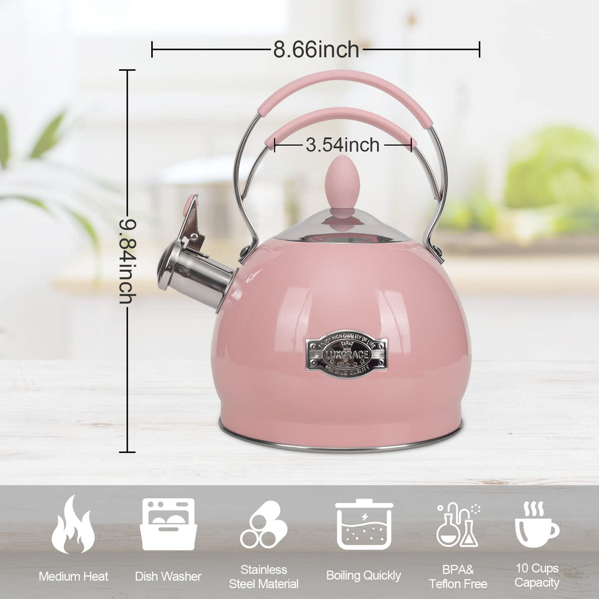 Luxgrace teapot on kitchen counter highlights rust-resistant stainless steel.