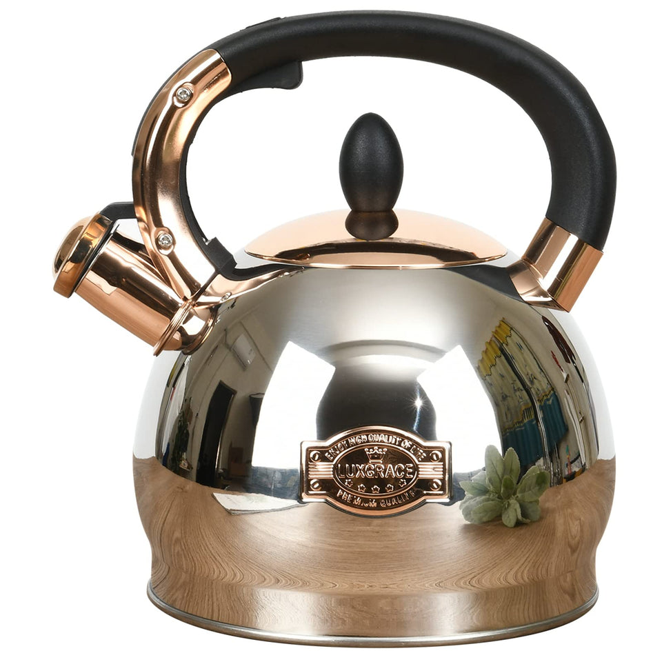 LUXGRACE stainless steel kettle on stove for quick, easy boiling.