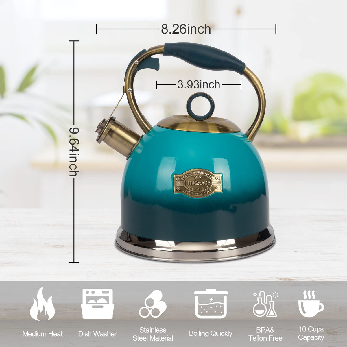 LUXGRACE tea kettle five-layer bottom promotes even heating and durability.