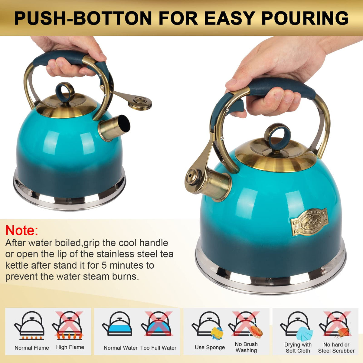 LUXGRACE tea kettle induction-compatible for versatile stovetop use.