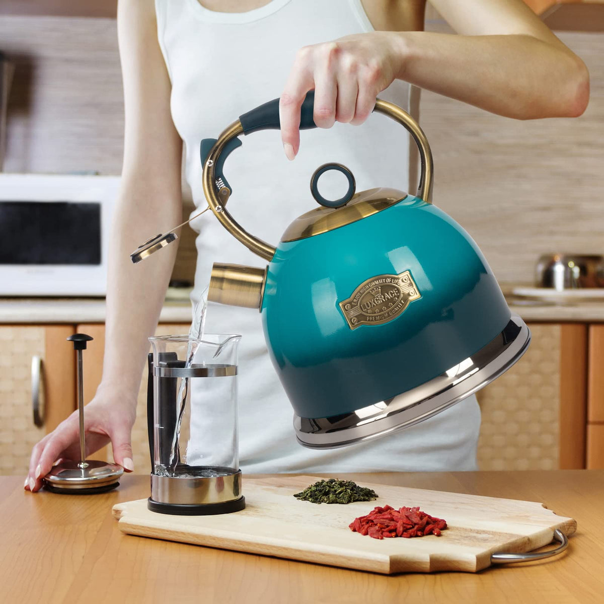 LUXGRACE tea kettle sleek stainless finish adds modern style to any kitchen.