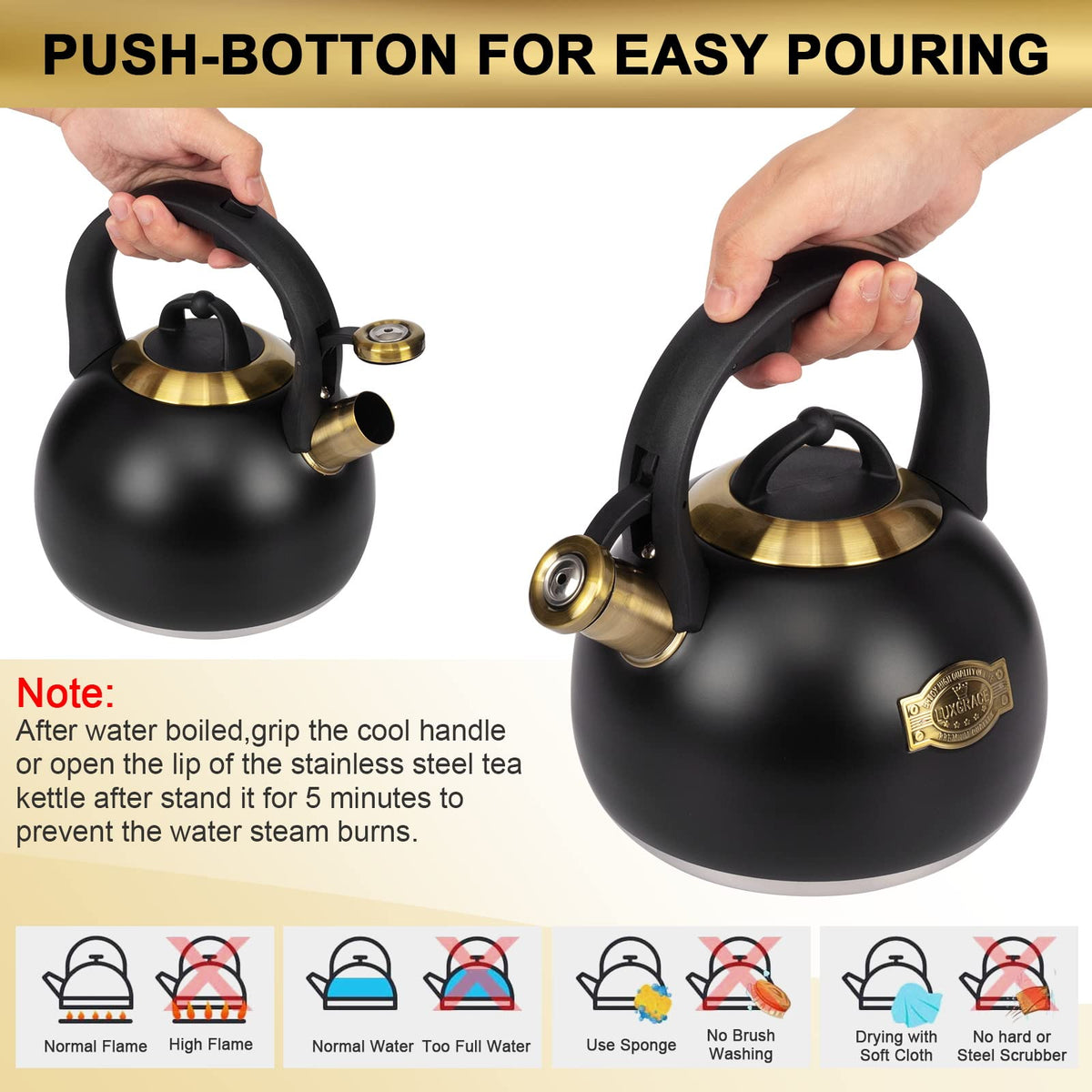 LuxGrace tea kettle ergonomic handle provides comfortable grip.