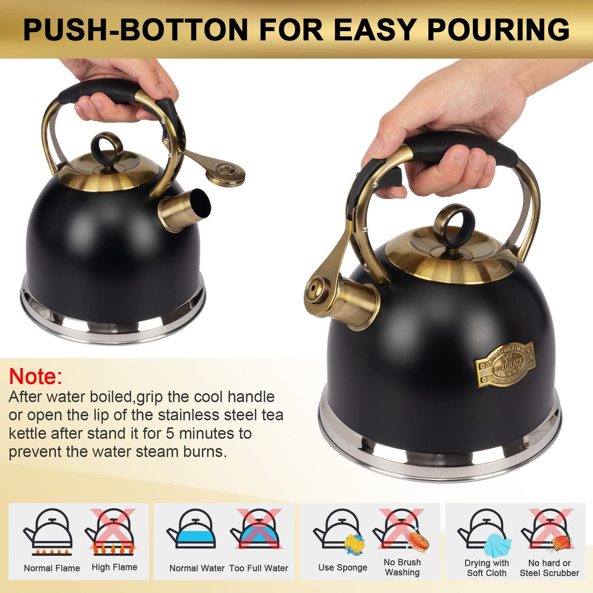 LUXGRACE tea kettle ergonomic handle provides comfortable gripping.