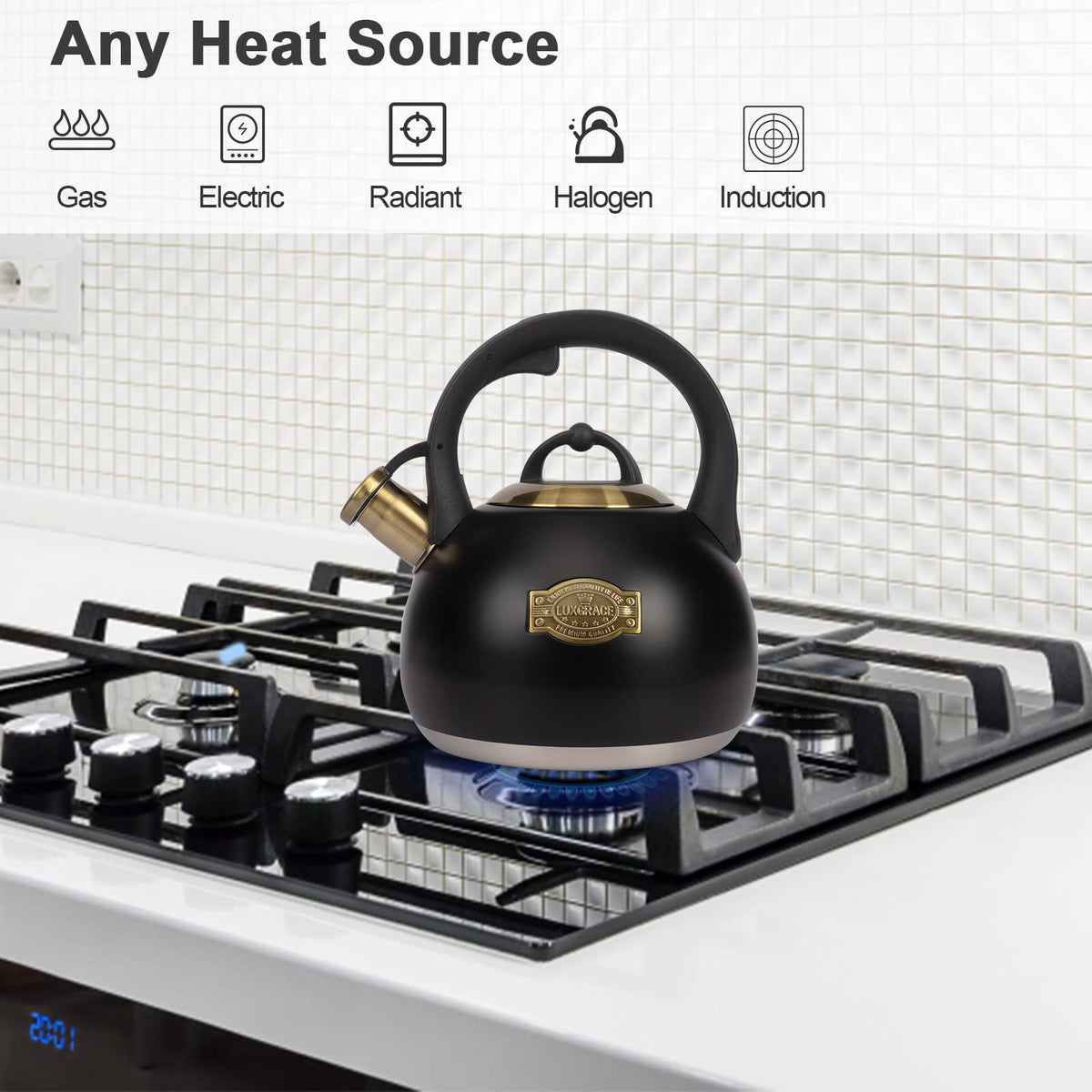 LuxGrace tea kettle five-layer bottom delivers quick, even heat.