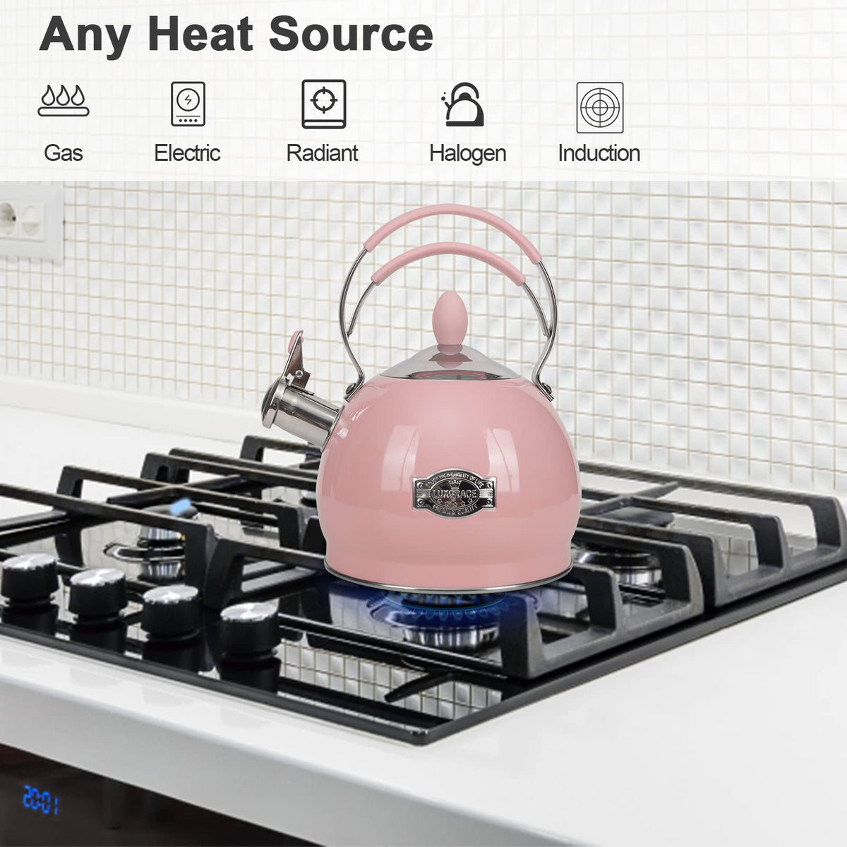 Luxgrace tea kettle handle close-up shows silicone grip for safe lifting.