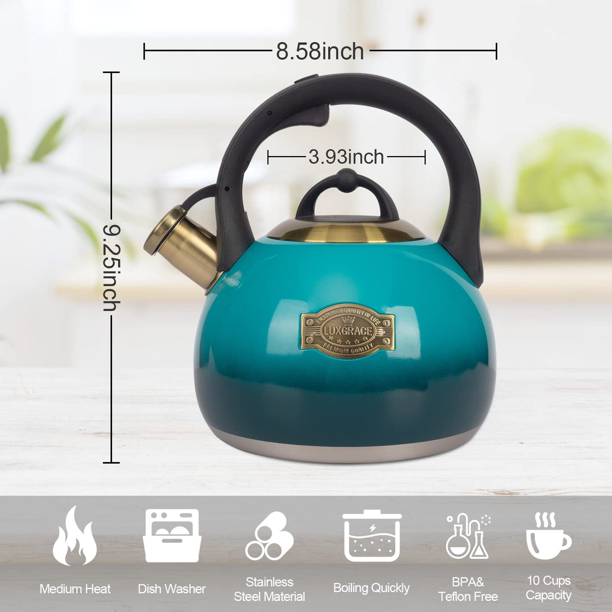 LUXGRACE kettle with heat-proof handle for safe grip.