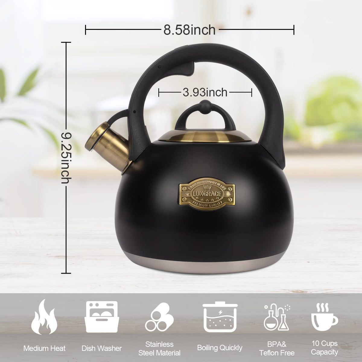 LuxGrace tea kettle induction-compatible for versatile stovetop use.