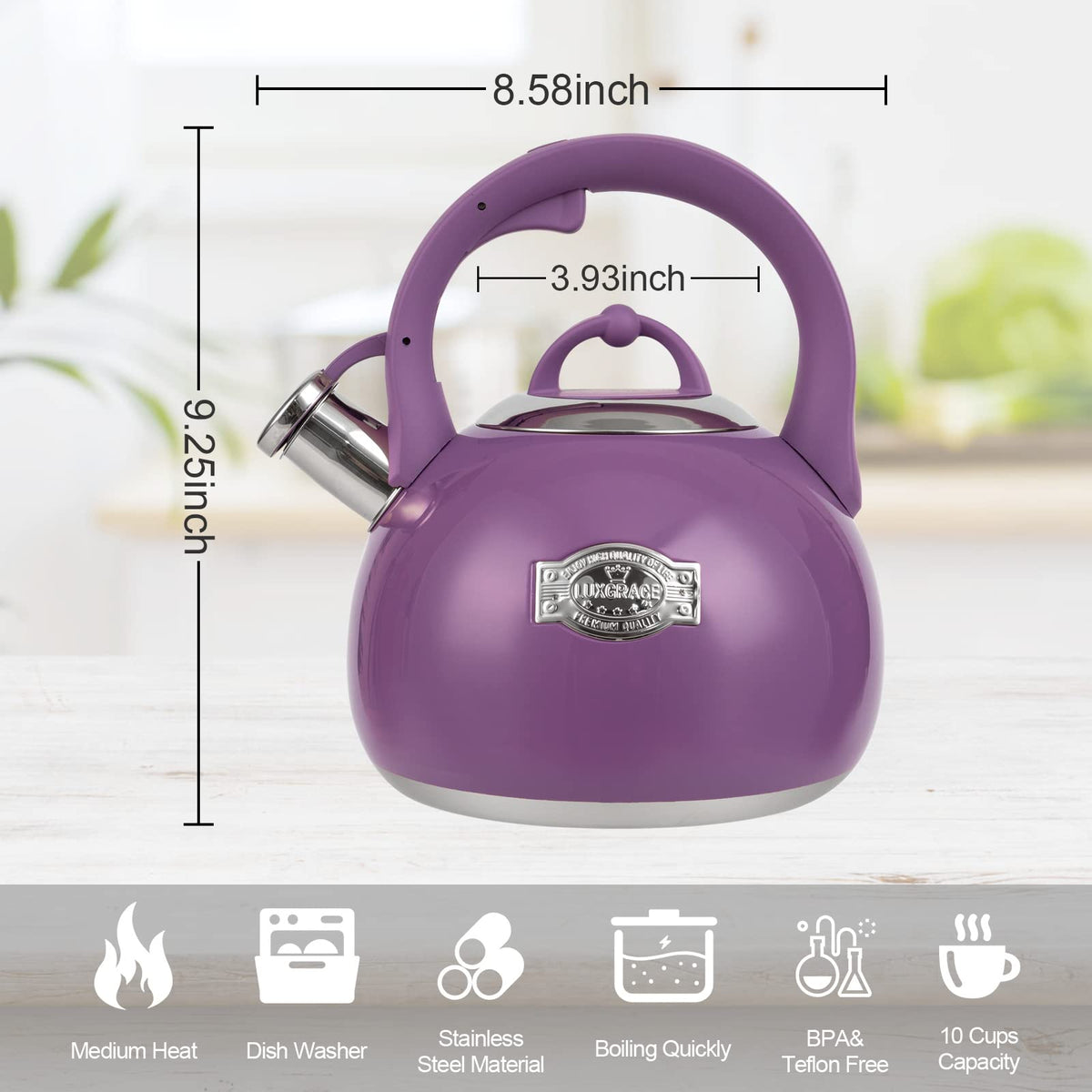 LUXGRACE kettle compatible with induction, electric, gas, and radiant stoves.